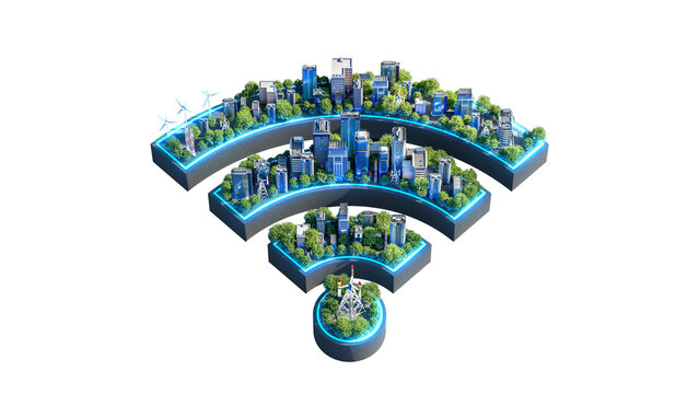 Smart City Tech Logo, wifi house. Smart city and Internet of things (IOT). 3d rendering