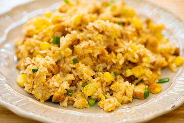 angle view dish of diced chicken and maize and fried rice