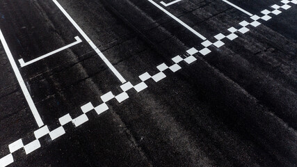 Aerial top view grid start, Start of track, Racing asphalt road