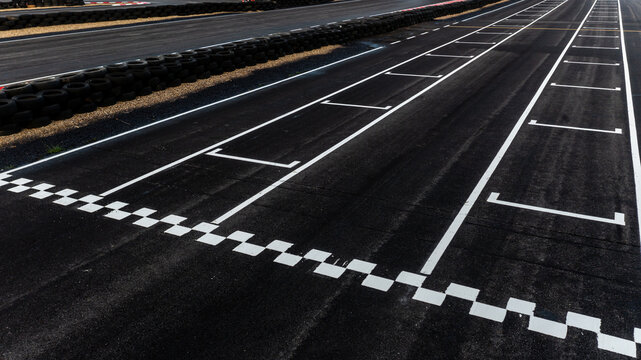 Aerial top view grid start, Start of track, Racing asphalt road