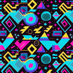 Retro 1980's repeating pattern, Vintage pattern of bright colors 