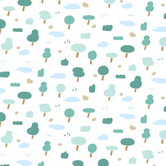 Hand drawn vector illustration of forest pattern in minimal cartoon style. Tree doodle wallpaper for kids textile, fabric, wrapping paper, printed products. Cute simple. - 546906129
