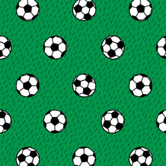 Hand drawn vector illustration of soccer ball on football field pattern in cartoon style. - 546906158