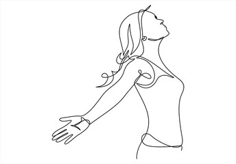 Continuous line art or One Line Drawing of a woman stretching arms is relaxing picture