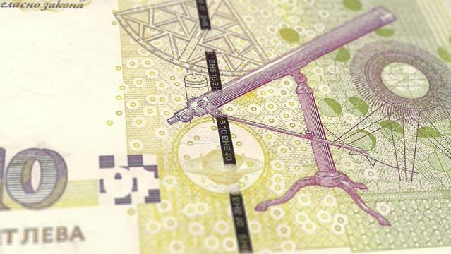 Bulgaria Bulgarian Lev 10 Banknotes, Ten Bulgarian Lev, Close-up and macro view of the Bulgarian Lev, Tracking and Dolly Shots 10 Bulgarian Lev banknote Observe and Reserve Side, Bulgarian Lev Money