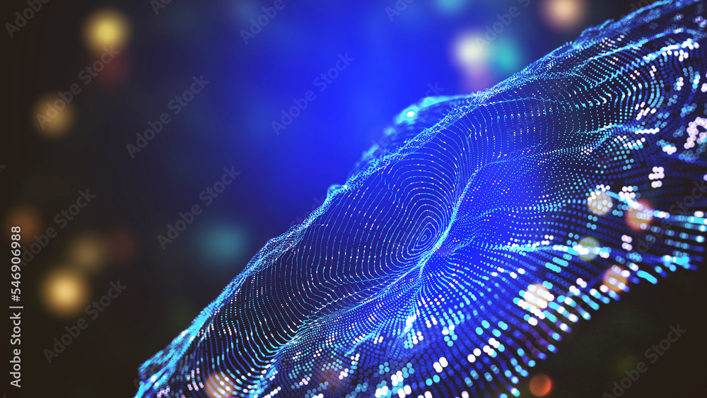 Poster Artificial neural network. Cyber field of wavy particles. 3d illustration of high tech background