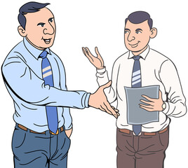 Fototapeta premium Two business men discussing and assign new tasks to do. Hand drawn design illustration transparent background