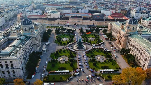 Aerial view of Maria Theresa Square (Maria-Theresien-Platz) ft Museum of Art History (Kunsthistorisches) and Museum of Natural History (Naturhistorisches Wien) with MuseumsQuartier in Vienna, Austria