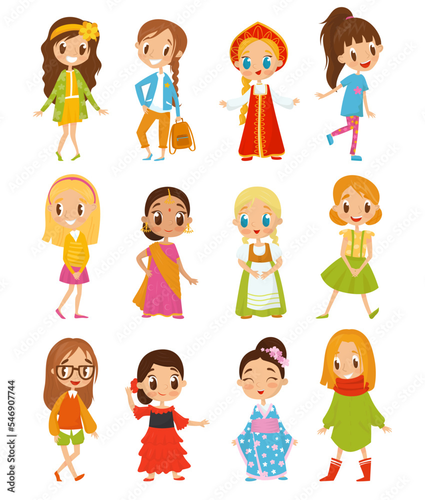 Wall mural Girls Wearing National Costumes Of Different Countries and Casual Modern Attire Big Vector Set