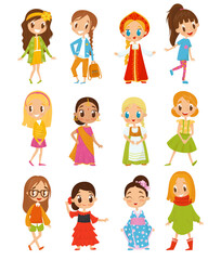 Girls Wearing National Costumes Of Different Countries and Casual Modern Attire Big Vector Set