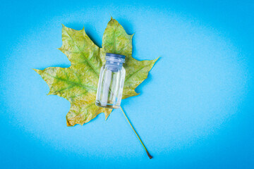 Maple leaf and antidote with syringe on blue background. Treatment of diseases in autumn.