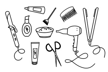 Set of hairdressing tools and barber shop. Hair tools line vector illustrations. Hair dryer, hair straightener, curling iron, hair dye, scissors, comb, care product.