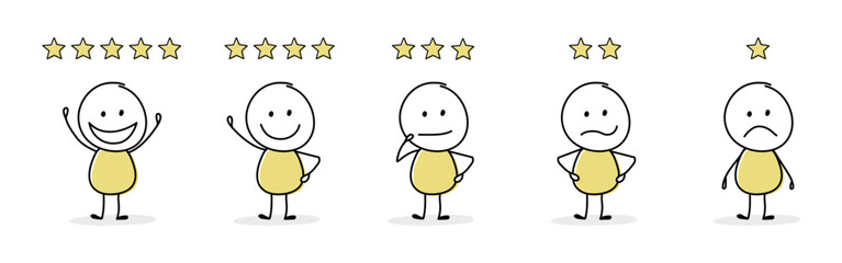 Funny star rating with cartoon stickman. Appraisal concept. Vector