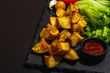 Vegan baked potato with sauce and spices. Healthy food with fresh vegetables and salad leaves