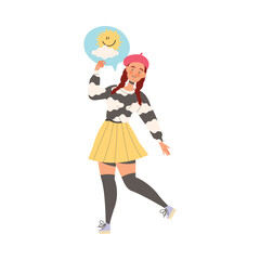 Happy Woman Character in Beret with Smiley Sharing Positive Vibes Vector Illustration