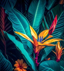 Fototapeta premium Colorful flower on dark tropical foliage nature background
