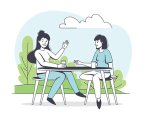 Woman Friend Character in the Park Sitting at Cafe Table and Talking Outline Vector Illustration