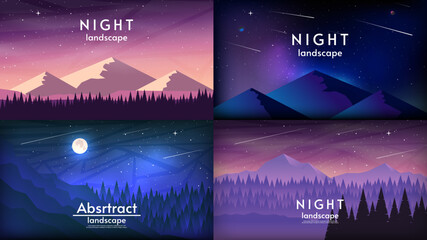 Set of vector illustrations. Night landscape with mountains, moon and forest. Flat style illustration.  