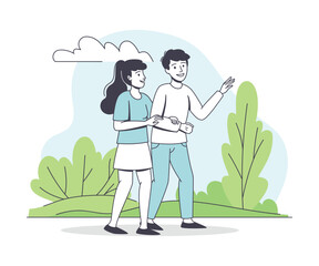 Man and Woman Character Walking in the Park and Talking Outline Vector Illustration
