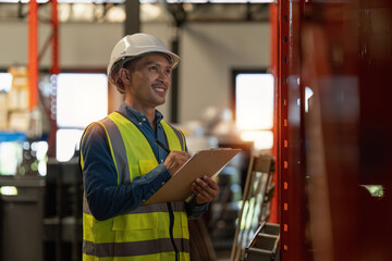 Working at warehouse. Male warehouse worker checking in storage department. Employee organizing goods distribution to the market.