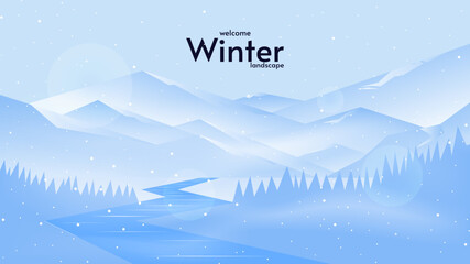 Winter landscape with mountains, forest and river. Snowfall. Blizzard. Vector illustration, flat style. Design for wallpaper, background, greeting card.