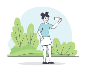 Woman Character Walking in the Park Taking Selfie with Smartphone Outline Vector Illustration