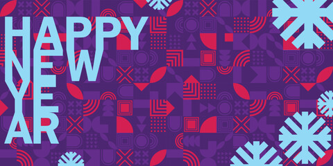 Obraz premium Merry Christmas and Happy New Year geometric horizontal banner. bright modern Xmas concept design with snowflake. Simple poster greeting card sale banner for website 2023
