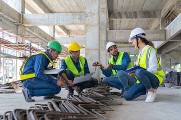 team of civil engineer manager, maintenance supervisor, professional technician foreman together...