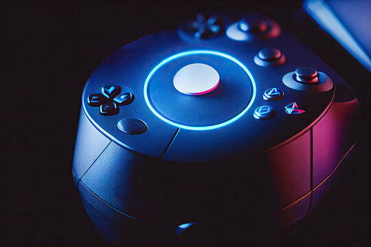 Futuristic game concept of home multiplayer video game and wireless controller on blurred background. Selective focus.