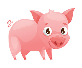 Pink Pig with Cute Snout and Curled Tail as Home Pet Animal Vector Illustration