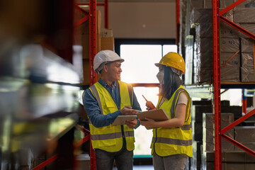 Working at warehouse. Male warehouse worker checking in storage department. Employee organizing goods distribution to the market.