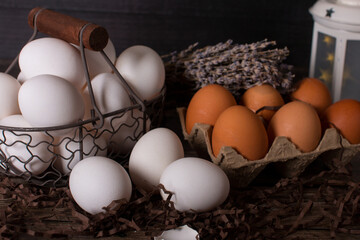 Rustic Easter eggs in a basket. The concept of the Easter holiday