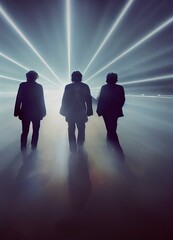 3 people silhouettes walking towards spotlight. Rear view. Illustration.