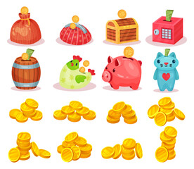 Piggy Bank and Moneybox with Hole for Putting Coins for Saving Money Big Vector Set