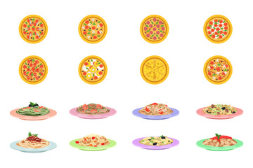 Hot Tasty Pizza and Cooked Pasta Italian Cuisine Dish Served on Plates Big Vector Set