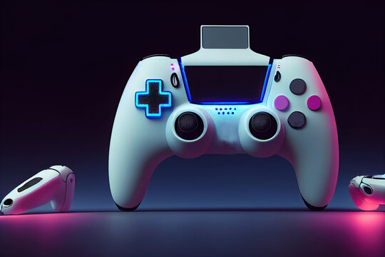 Futuristic game concept of home multiplayer video game and wireless controller on blurred background. Selective focus.