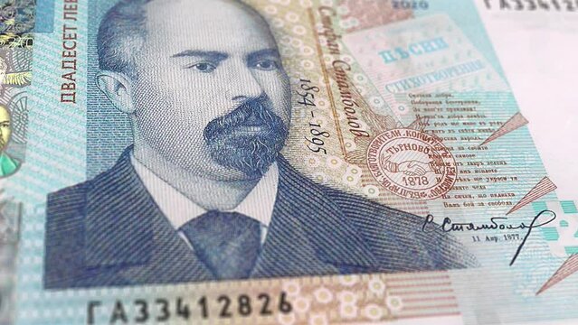 Bulgaria Bulgarian Lev 20 Banknotes, Twenty Bulgarian Lev, Close-up and macro view of the Bulgarian Lev, Tracking and Dolly Shots 20 Bulgarian Lev banknote Observe and Reserve Side, Bulgarian Lev
