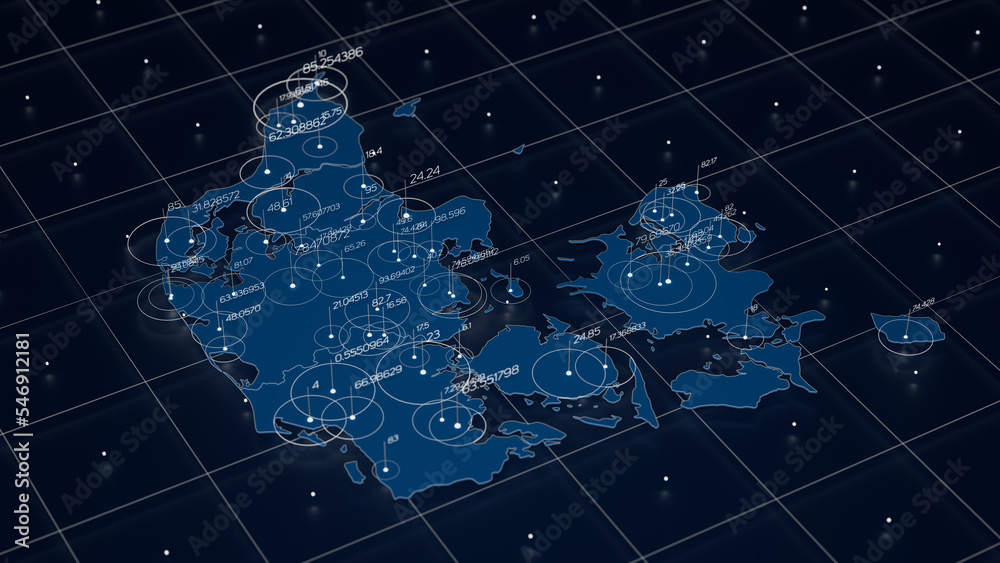 Poster denmark blue map big data visualization. futuristic map infographic. information aesthetics. visual 