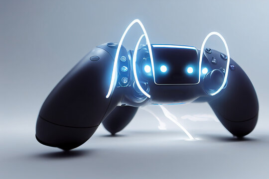 Futuristic game concept of home multiplayer video game and wireless controller on blurred background. Selective focus.