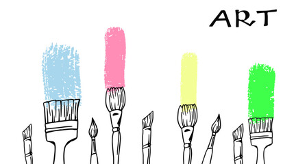 Banner with brushes for painting on a white background. Paint brushes. Traces of paint. White artistic background. Artist's brushes. Kit.