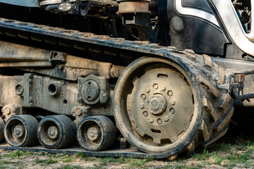 Fototapeta na wymiar Tractor on an agricultural field close up. A modern new tracked is very close.
