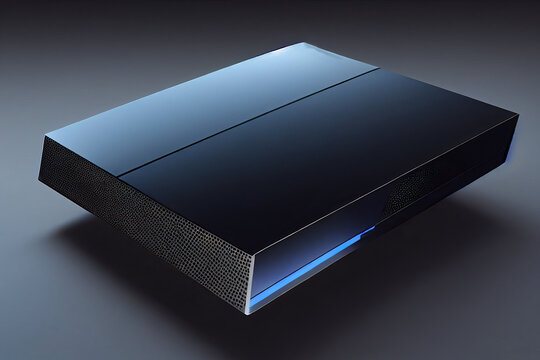 Futuristic game concept of home multiplayer video game and wireless controller on blurred background. Selective focus.