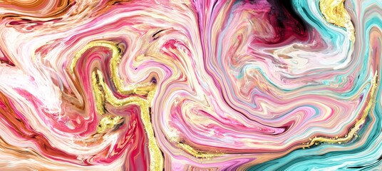 Pastel color accent alcohol ink background, marble texture with liquid design, fluid art material with mixed colors, wallpaper for print, metallic veins with gold
