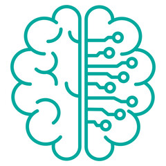 Naklejka premium Simple minimal modern line artificial intelligence icon in the form of a brain with a microcircuit. Vector blue outline pictogram isolated on transparent background