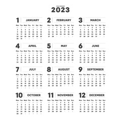 2023年のシンプルな年間カレンダー - 月曜始まり･12ヶ月･1年分の暦