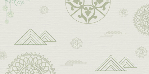 Abstract landscape with Japanese wave pattern illustration banner. Nature art background with bamboo and bonsai tree invitation card template in vintage style.Asian traditional icon and symbol design.
