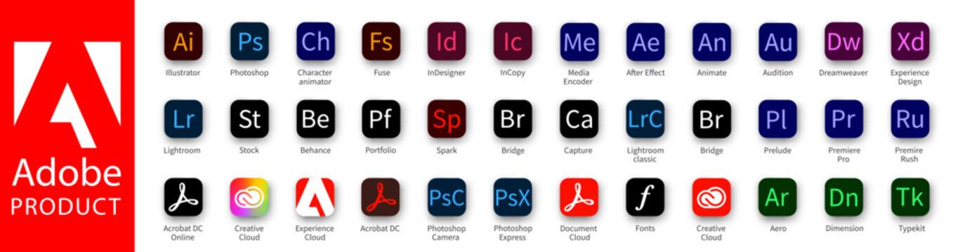Adobe Products collection. Logotype set of adobe products: adobe, illustrator, photoshop, creative cloud, after effects, lightroom, Dreamweave. Vector illustration