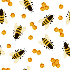 Honey bees and cells seamless pattern