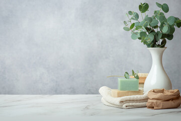 Accessories for body care from natural materials on a gray background. Natural soap with cotton pads and wooden brushes.