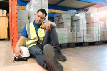 logistic worker man stress sit in warehouses worried, exhausted from overwork and cheap wages as...